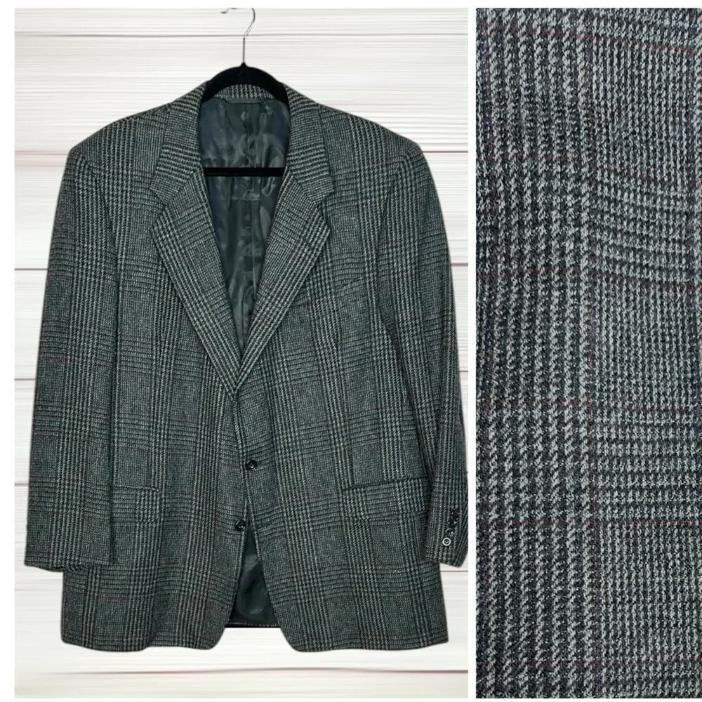 Vintage Hickey Freeman Wool Sport Coat Gray Houndstooth Glen Check size 48 L